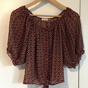 Poetry, Womens Sheer, Brick Floral Button Front Tie At Waist Puffy Sleeve Sz L